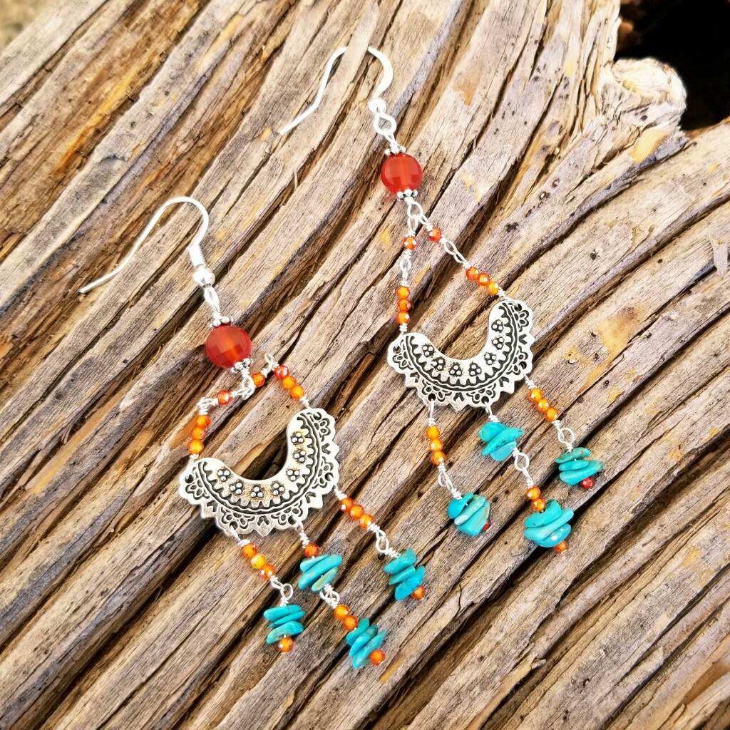 Cascading Turquoise and Carnelian Drop Earrings - Bead World