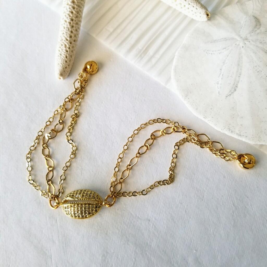 Golden Cowrie Shell & Triple Chain Bracelet - Bead World